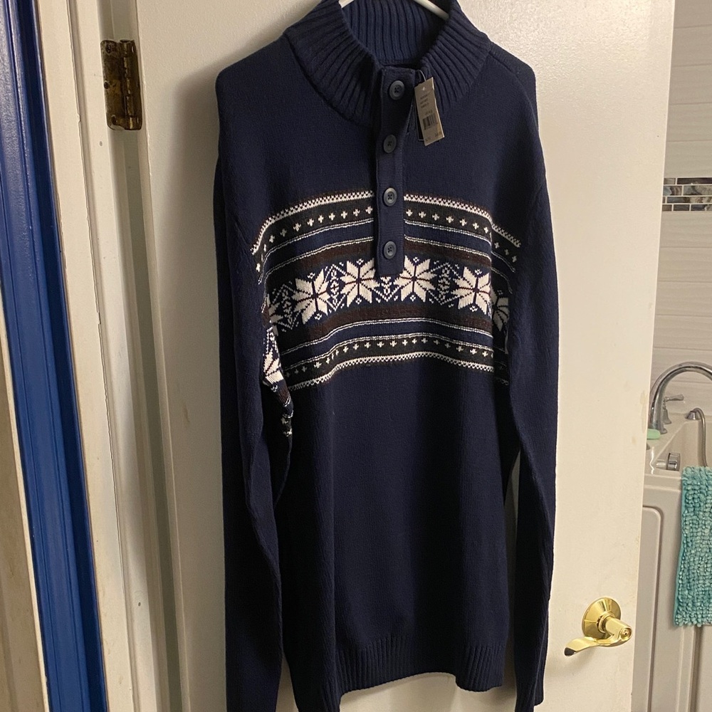 Men's Turtleneck Sweater with Snowflake Design - Navy